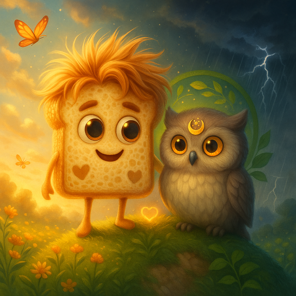 Crumbelina and Wislet on a hill—flowers and storm as one scene